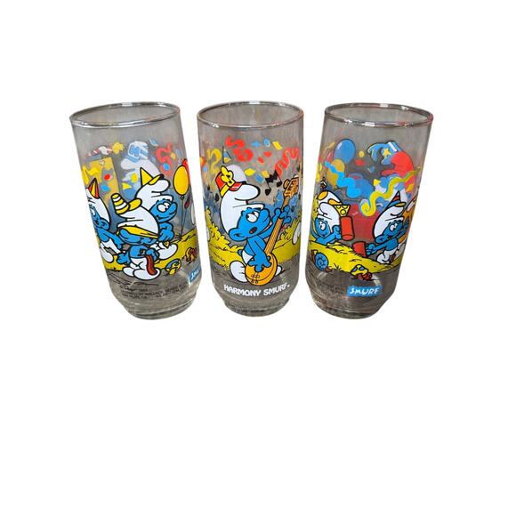 Peyo Other - Smurf peyo 1983 set of 3‎ glasses handy harmony papa collectable vintage cartoon